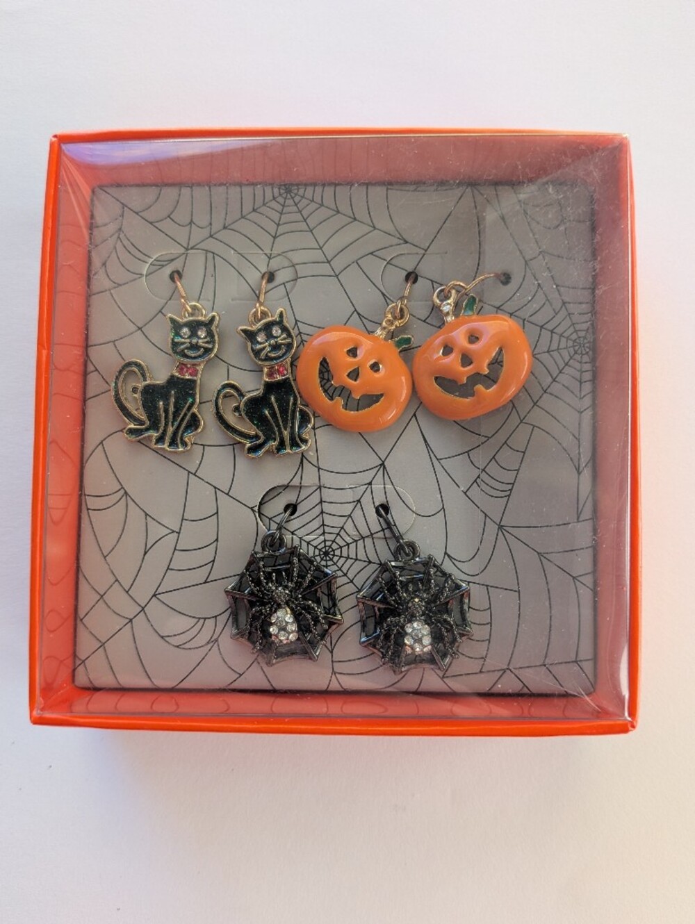 Halloween Cat, Pumpkin & Spider Drop Earrings Set - Black, Orange, Gunmetal
